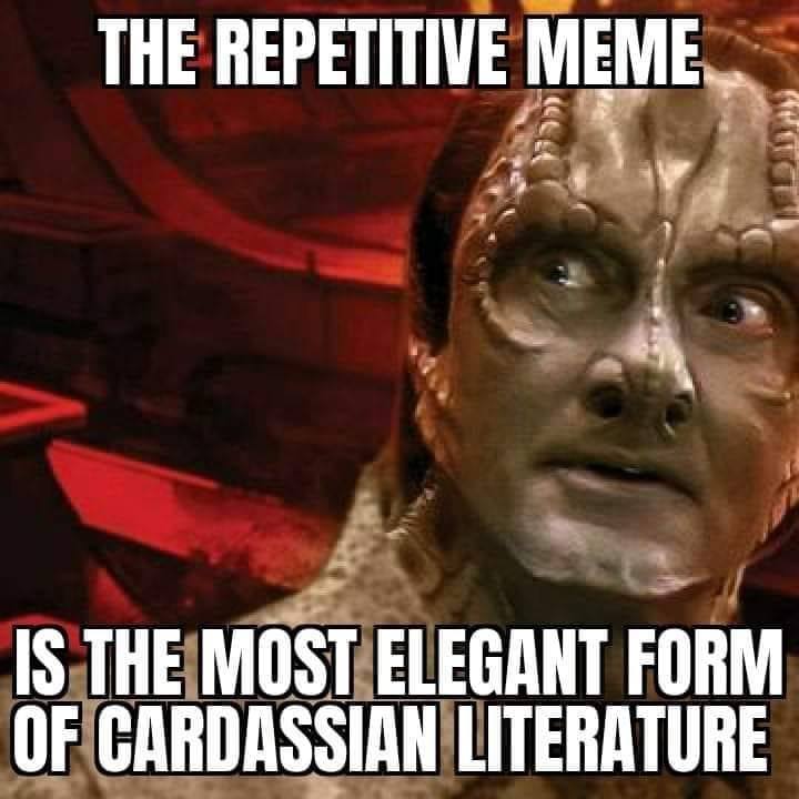 This meme is a humorous take on the idea that a certain type of online content, often referred to as "the most elegant form of Cardassian literature," is actually a mundane or unimpressive thing. The image features a character from the Star Trek franchise, a Cardassian, with a look of disdain or disgust. The text "The most elegant form of Cardassian literature is the repetitive meme" is likely intended to be ironic or humorous, implying that the meme is actually a dull or unimpressive thing.